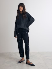 Washed Black Eyelet Detail Barrel Leg 100% Cotton Jeans - Image 2 of 9