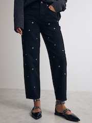 Washed Black Eyelet Detail Barrel Leg 100% Cotton Jeans - Image 3 of 9