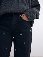 Washed Black Eyelet Detail Barrel Leg 100% Cotton Jeans - Image 6 of 9