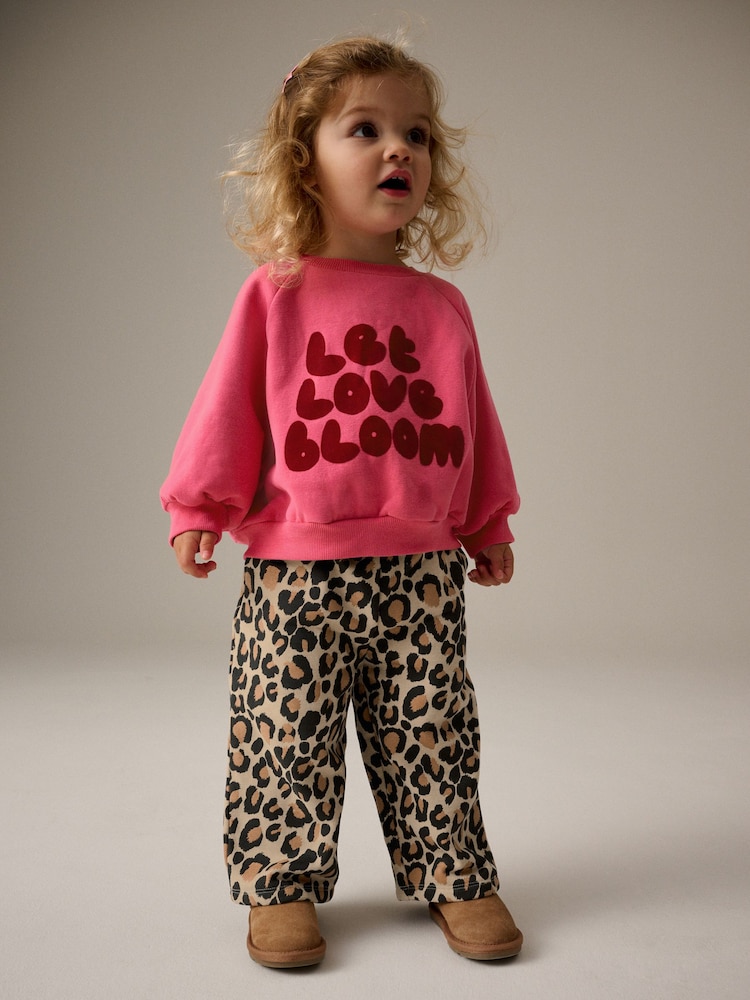 Bright Pink Printed 100% Cotton Sweatshirt and Wide Leg Set (3mths-7yrs) - Image 2 of 7