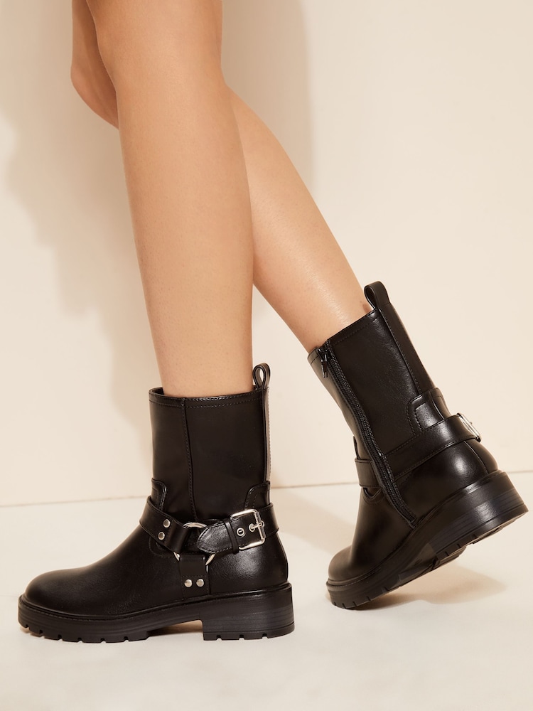 Friends Like These Black Wide Fit Faux Leather Chunky Buckle Ankle Biker Boot - Image 3 of 4
