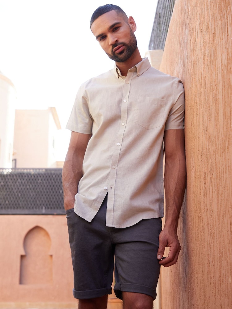 Threadbare Stone Linen Blend Short Sleeve Shirt - Image 3 of 4