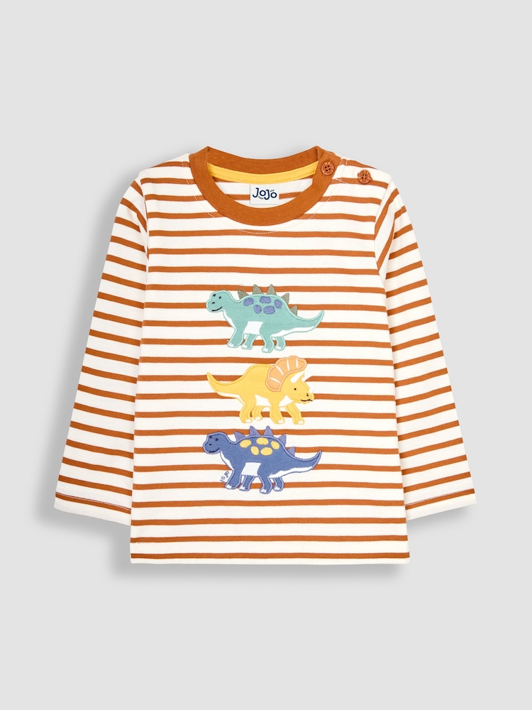 JoJo Maman Bébé Toffee Stripe Dinosaur Appliqué Top - Image 1 of 3