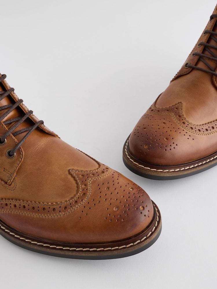 Tan Brown Leather Brogue Boots - Image 5 of 6