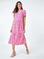 Roman Pink Geometric Print Tiered Midi Dress - Image 1 of 5