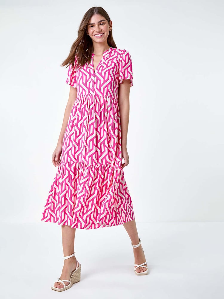 Roman Pink Geometric Print Tiered Midi Dress - Image 1 of 5