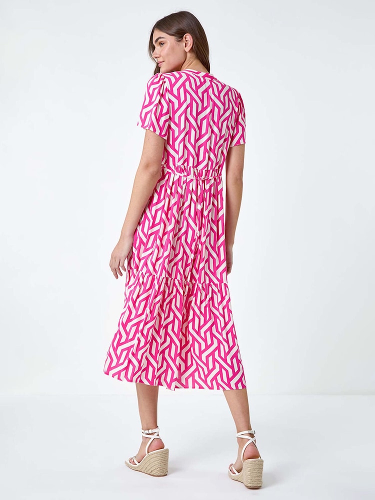 Roman Pink Geometric Print Tiered Midi Dress - Image 2 of 5