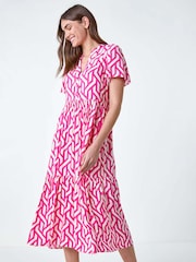 Roman Pink Geometric Print Tiered Midi Dress - Image 3 of 5