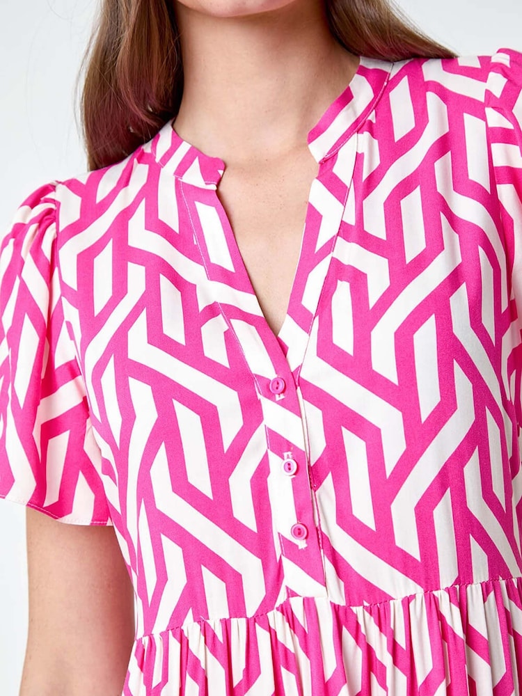 Roman Pink Geometric Print Tiered Midi Dress - Image 5 of 5