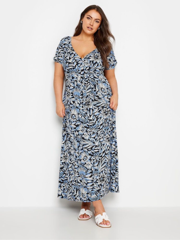 Yours Curve Blue Floral Print Tiered Maxi Dress - Image 1 of 4
