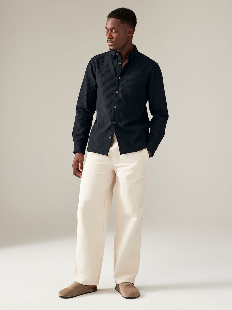 Black 100% Cotton Textured Waffle Long Sleeve Shirt - Image 2 of 7