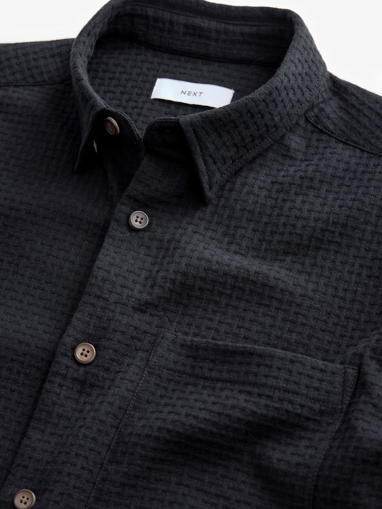 Black 100% Cotton Textured Waffle Long Sleeve Shirt - Image 7 of 7