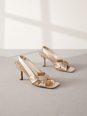 Gold Premium Leather Side Twist Square Toe Sandals - Image 6 of 11