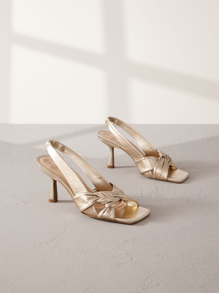 Gold Premium Leather Side Twist Square Toe Sandals - Image 6 of 11