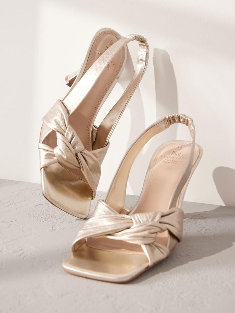 Gold Premium Leather Side Twist Square Toe Sandals - Image 8 of 11