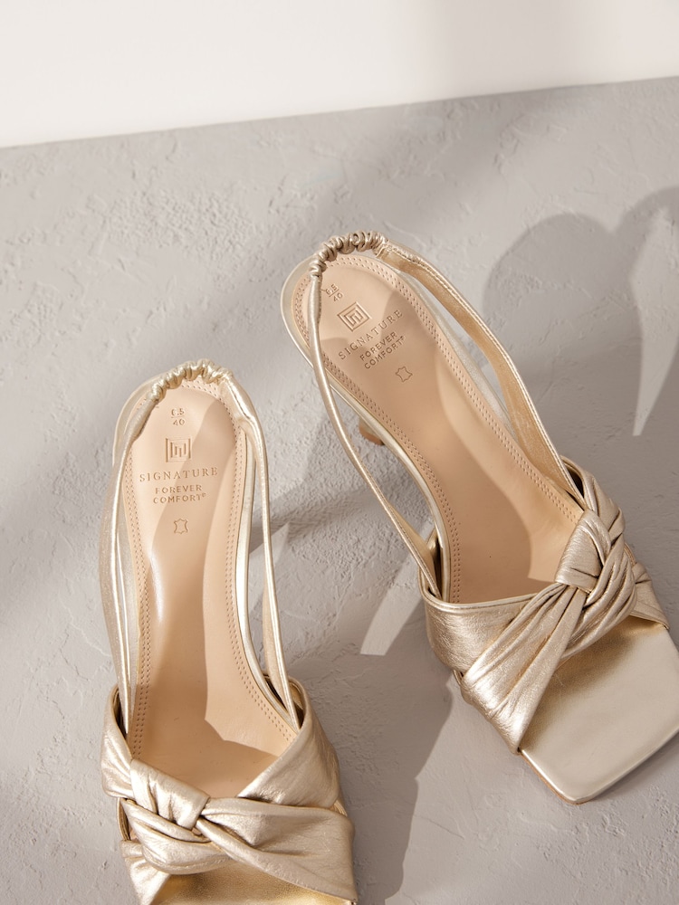 Gold Premium Leather Side Twist Square Toe Sandals - Image 9 of 11