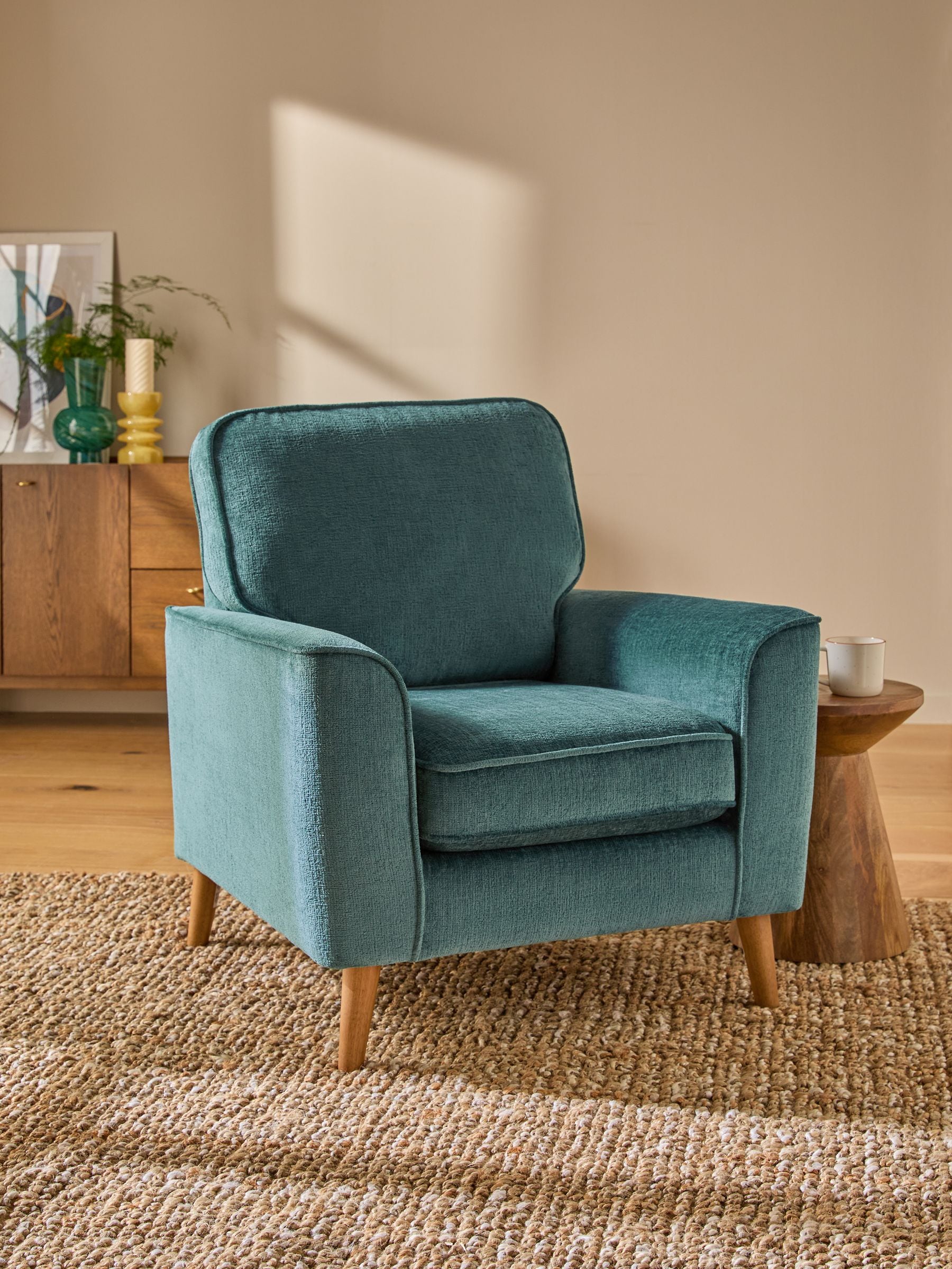Plush Chenille Teal Blue Walnut Leg Stamford Armchair