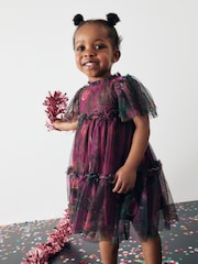 Plum Purple Printed Mesh Party Dress (3mths-7yrs) - Image 1 of 11