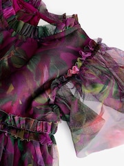 Plum Purple Printed Mesh Party Dress (3mths-7yrs) - Image 10 of 11