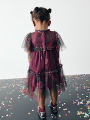 Plum Purple Printed Mesh Party Dress (3mths-7yrs) - Image 2 of 11