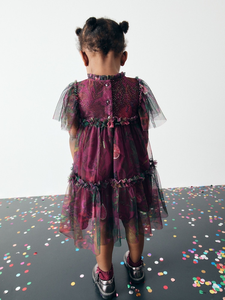 Plum Purple Printed Mesh Party Dress (3mths-7yrs) - Image 2 of 11