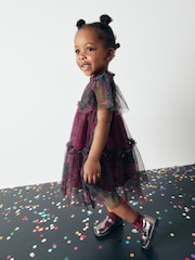 Plum Purple Printed Mesh Party Dress (3mths-7yrs) - Image 3 of 11