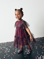 Plum Purple Printed Mesh Party Dress (3mths-7yrs) - Image 4 of 11