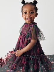 Plum Purple Printed Mesh Party Dress (3mths-7yrs) - Image 5 of 11