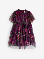 Plum Purple Printed Mesh Party Dress (3mths-7yrs) - Image 7 of 11