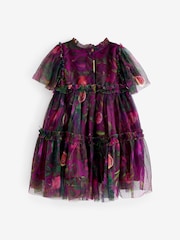 Plum Purple Printed Mesh Party Dress (3mths-7yrs) - Image 8 of 11