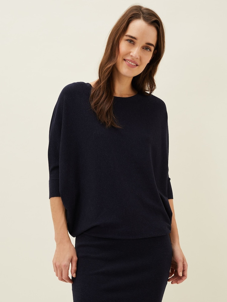 Phase Eight Navy Becca Batwing Knitted Dress - Image 3 of 6