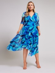 Yours Curve Blue Cowl Neck Mesh Midi Dress - Image 1 of 4