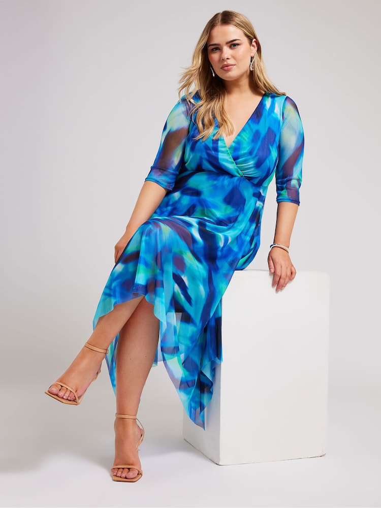 Yours Curve Blue Cowl Neck Mesh Midi Dress - Image 2 of 4