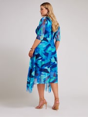 Yours Curve Blue Cowl Neck Mesh Midi Dress - Image 3 of 4