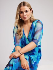 Yours Curve Blue Cowl Neck Mesh Midi Dress - Image 4 of 4