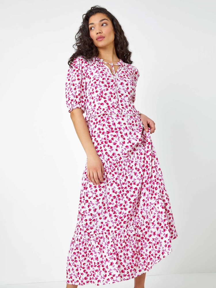 Dusk White Ditsy Floral Frilled Midi Dress - Image 1 of 5 Dusk White Ditsy Floral Frilled Midi Dress - Image 1 of 5