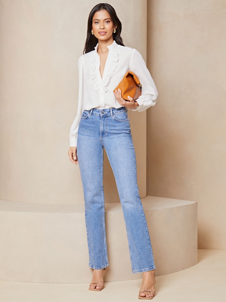 Lipsy Ivory White Ruffle Placket V Neck Blouse - Image 2 of 3 Lipsy Ivory White Ruffle Placket V Neck Blouse - Image 2 of 3