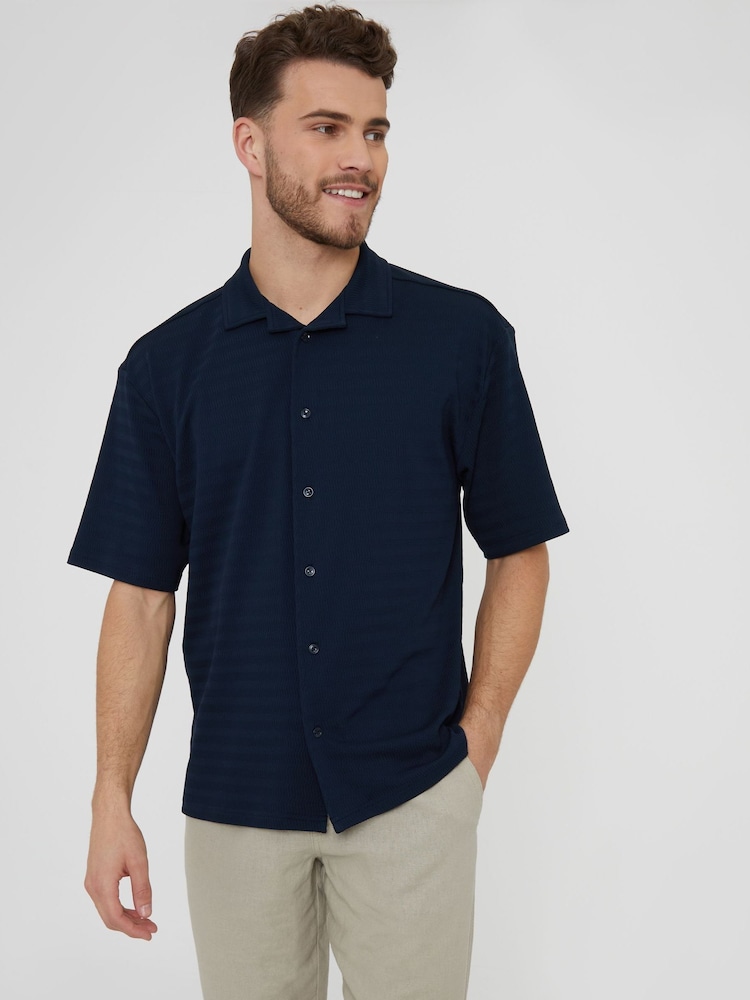 Threadbare Navy Textured Short Sleeve Cotton Shirt With Stretch - Image 1 of 4