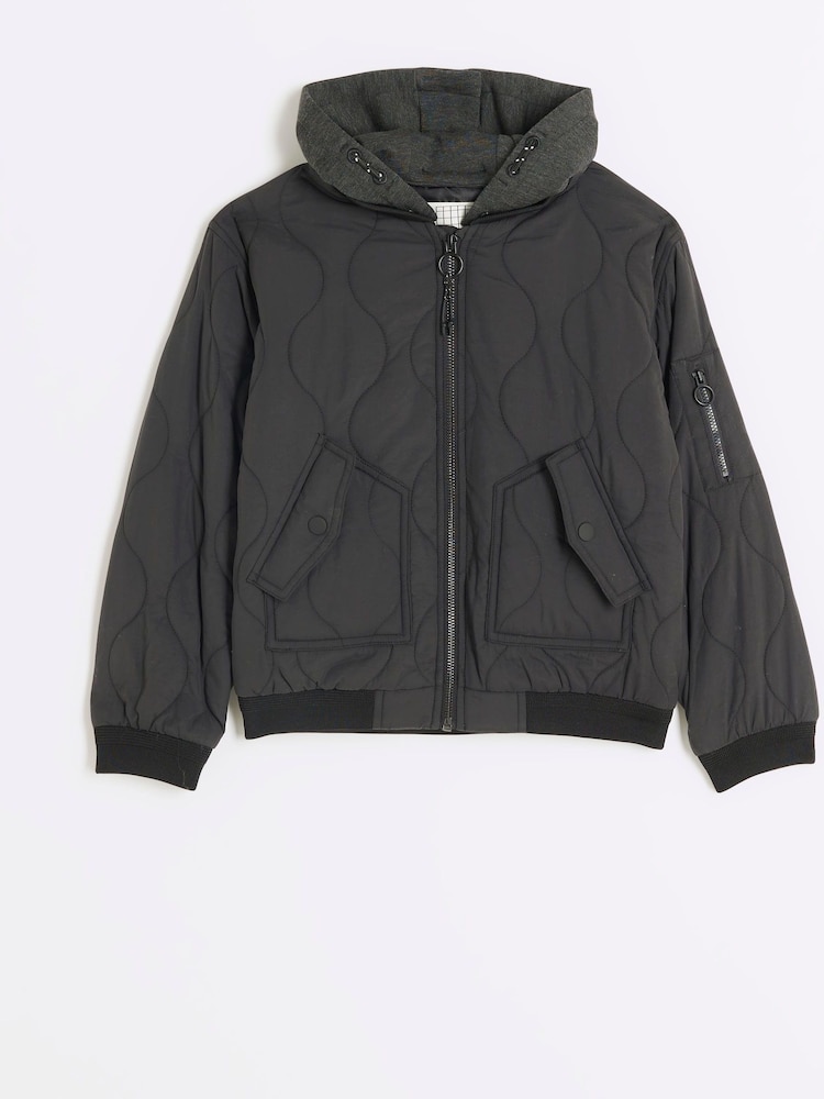 River Island Black Boys Hooded Light Weight Quilted Coat - Image 1 of 3