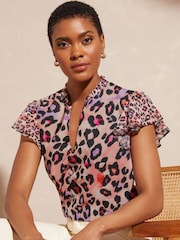 Love & Roses Beige V Neck Flutter Sleeve Blouse - Image 1 of 4