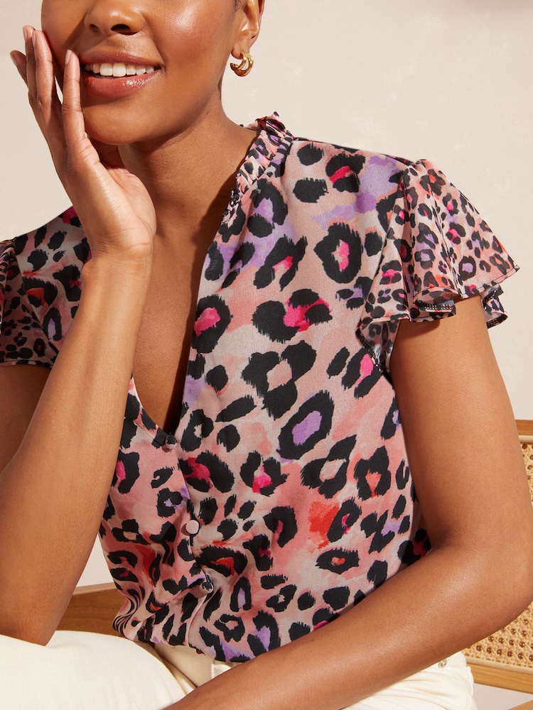Love & Roses Beige V Neck Flutter Sleeve Blouse - Image 2 of 4