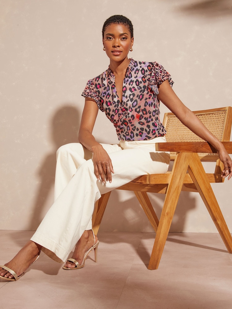 Love & Roses Beige V Neck Flutter Sleeve Blouse - Image 4 of 4