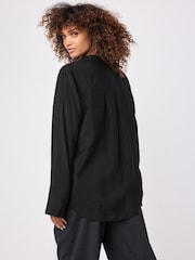 Black Long Sleeve Textured Overhead V-Neck Blouse - Image 4 of 7