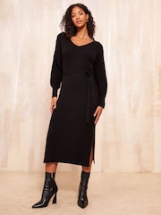 Friends Like These Black V Neck Belted Midi Dress - Image 1 of 4