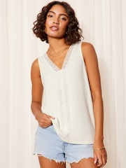 Friends Like These Ivory White Sleeveless Crochet V Neck Supersoft Jersey Tunic - Image 1 of 4