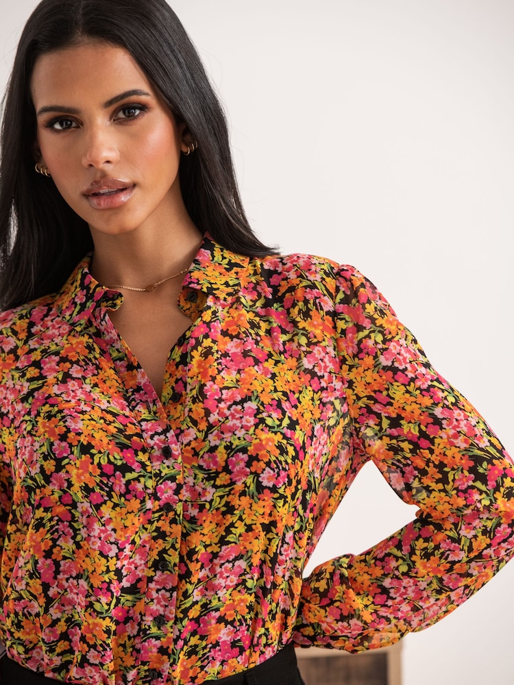 Pour Moi Orange Natalya Metallic Star Chiffon Shirt - Image 1 of 4
