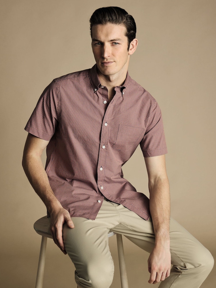 Charles Tyrwhitt Pink Gingham Short Sleeve Noniron Stretch Poplin 100% Cotton Shirt - Image 2 of 6