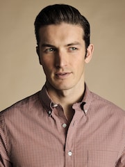Charles Tyrwhitt Pink Gingham Short Sleeve Noniron Stretch Poplin 100% Cotton Shirt - Image 3 of 6