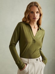 Reiss Green Nixi Lyocell-Wool Open-Collar Top - Image 1 of 8