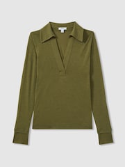 Reiss Green Nixi Lyocell-Wool Open-Collar Top - Image 2 of 8